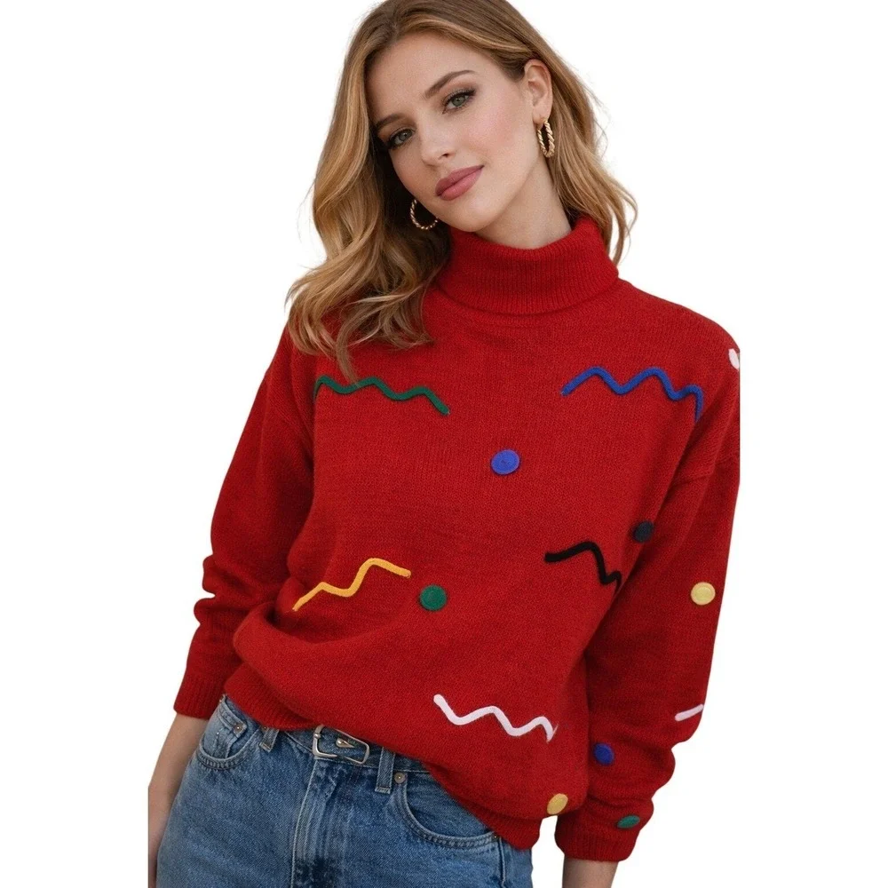 Vintage Diana Marco Red Sweater Women Sz M (40/20W) Abstract 80s 90s Retro Knit